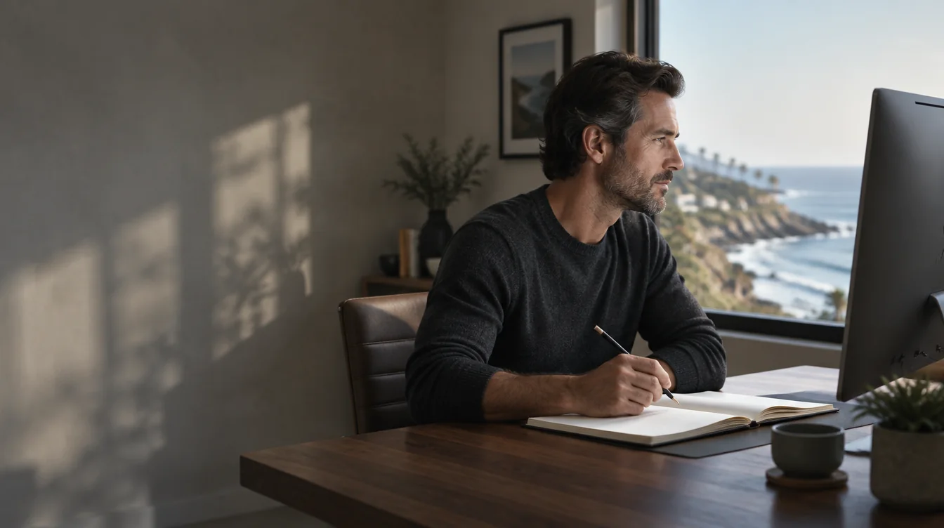 A trader reviewing his notes in a sunlit coastal workspace