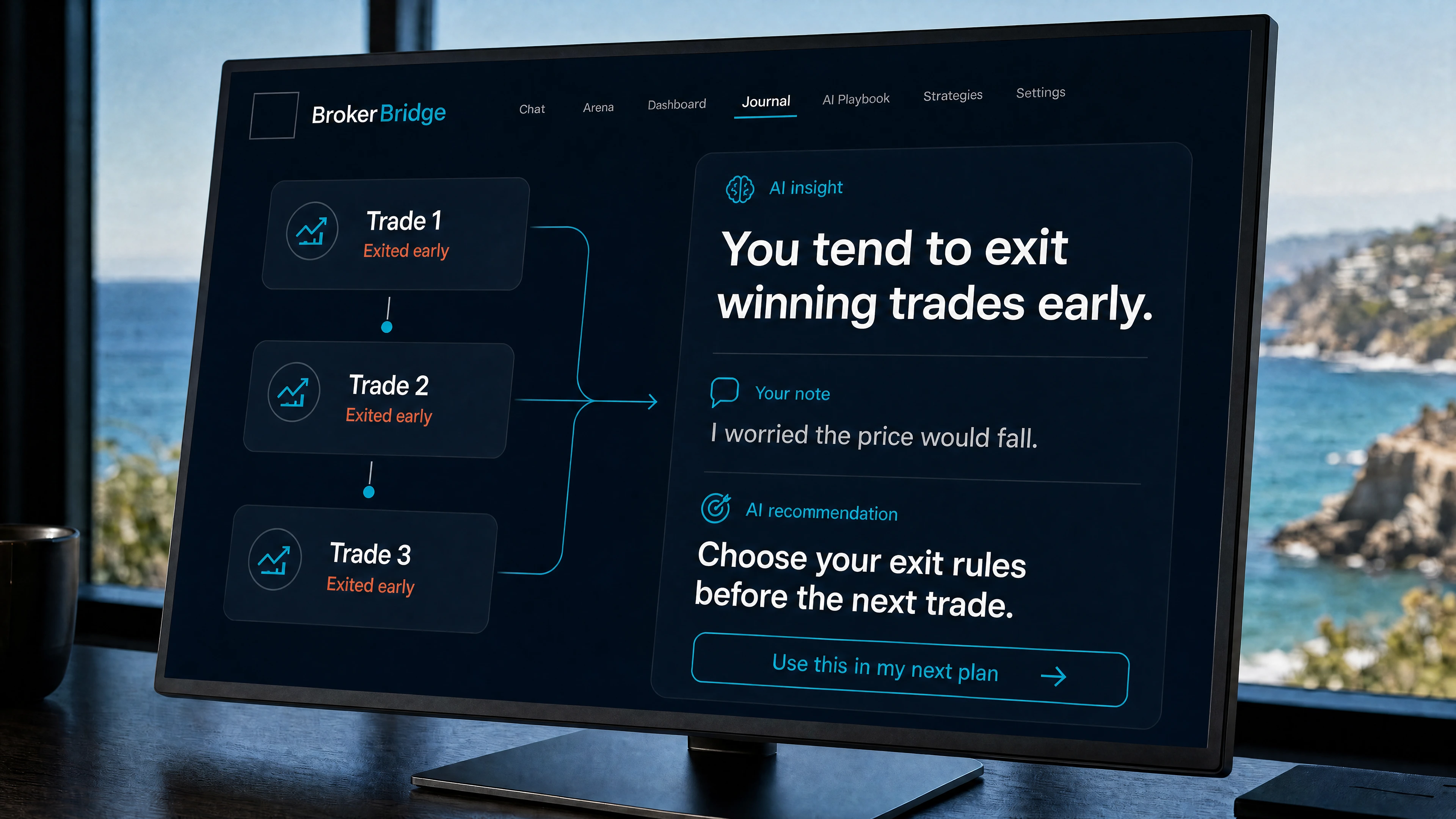 Example: Journal connects three early exits to a personal note, then suggests choosing exit rules before the next trade.