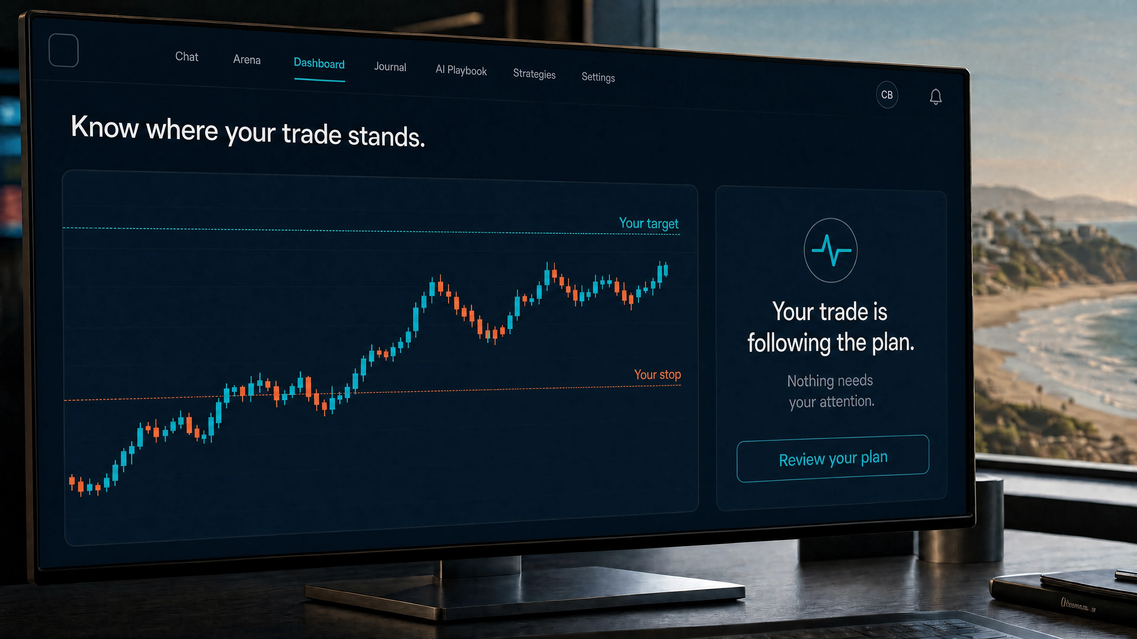 Example: your open trade with its target and stop, alongside an AI note explaining whether it needs attention.